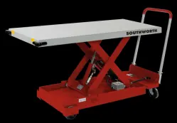 A red Backsaver LitePortable Southworth Lift Table from Stewart Handling